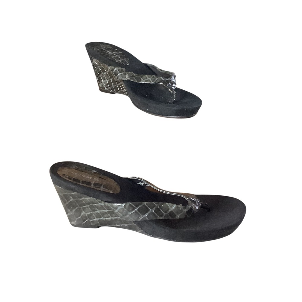 Montego Bay Club Wedge Sandals Womens 9.5 Black Snake Skin Y2K Thong Flip Flop